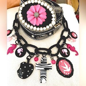 Custom Made Barbie Vintage Charm Beaded Black Infinity Necklace w Beaded Buckle